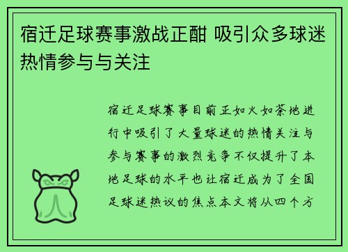 宿迁足球赛事激战正酣 吸引众多球迷热情参与与关注