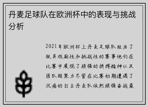 丹麦足球队在欧洲杯中的表现与挑战分析