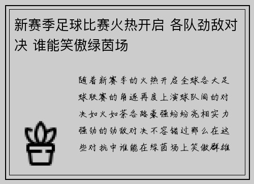 新赛季足球比赛火热开启 各队劲敌对决 谁能笑傲绿茵场